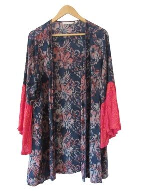 Soft Surroundings Batiki Bay Topper XL Solar Blue Kimono Sleeves Floral Stretch